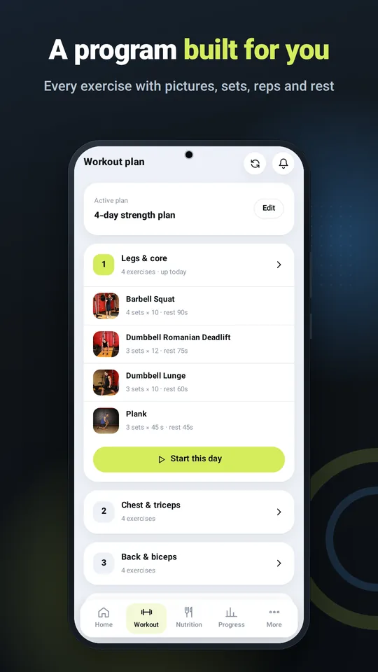 A program built for you — every exercise with pictures, sets, reps and rest